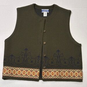 Pendleton Women's Vest Size L Olive Green Sweater Tapestry Border Wool Blend